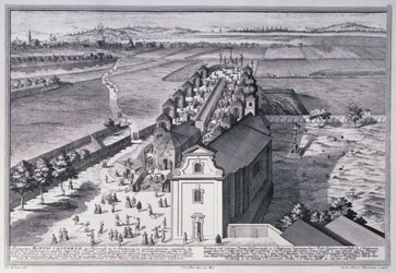 Vue de la colline du Calvaire près de Vienne gravée par Georg-Daniel Heumann (1691-1759)